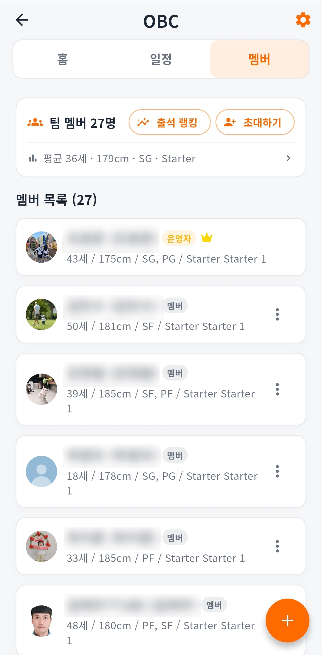 Team members screen